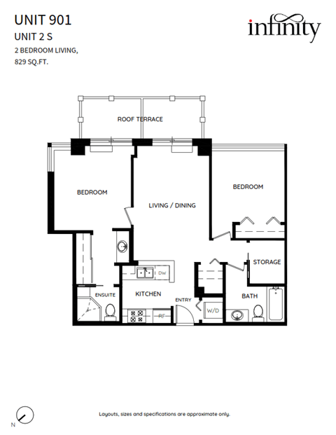 Floor plan for 2 beds, 2 baths